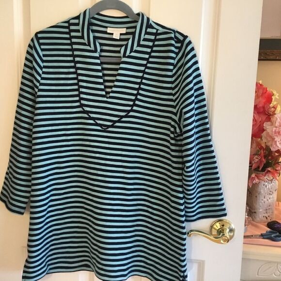 SALE. BUY 2/$30. Charter Club Turquoise & Navy Striped Tunic Sz M - Picture 1 of 8